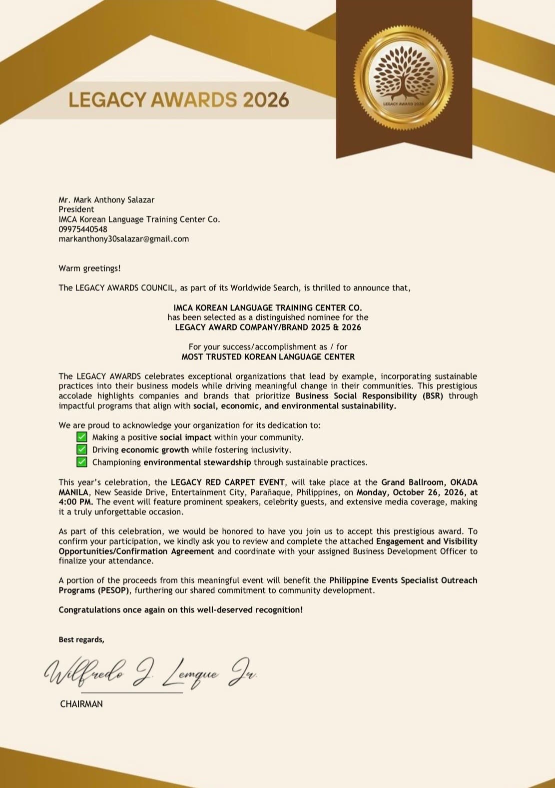 Most Trusted Korean Language Learning Center Award Ceritificate